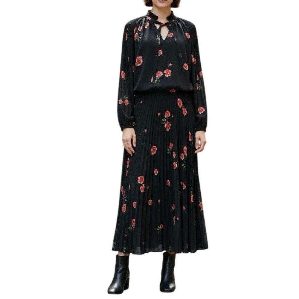 Lauren Ralph Lauren Black Floral Pleated Midi Chiffon Dress Tie Neck‎ Size 0